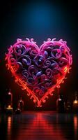 Vibrant love display Neon hearts sign adds flair to the black canvas Vertical Mobile Wallpaper AI Generated photo