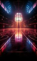 vívido 3d Deportes arena neón iluminado baloncesto Corte exhibido desde el lado vertical móvil fondo de pantalla ai generado foto