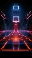 Vivid 3D sports arena Neon lit basketball court showcased from the side Vertical Mobile Wallpaper AI Generated photo