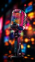 Vibrant neon light electrifies the stage for mic and speakers harmonious dance Vertical Mobile Wallpaper AI Generated photo