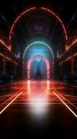 Vivid 3D sports arena Neon lit basketball court showcased from the side Vertical Mobile Wallpaper AI Generated photo
