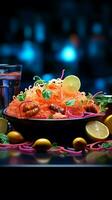 culinario brillantez en neón un visual tratar de iluminado y apetitoso comida vertical móvil fondo de pantalla ai generado foto