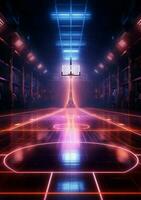 Dynamic 3D render Neon lit basketball court from a thrilling side perspective Vertical Mobile Wallpaper AI Generated photo