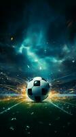 Digital soccer art Beautifully lit empty football field illustration with abstract elements Vertical Mobile Wallpaper AI Generated photo