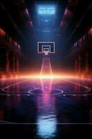 dinámica 3d hacer neón iluminado baloncesto Corte desde un emocionante lado perspectiva vertical móvil fondo de pantalla ai generado foto