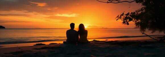 Luna de miel serenidad siluetas de un pareja, tomando el sol en el playas crepúsculo ai generado foto