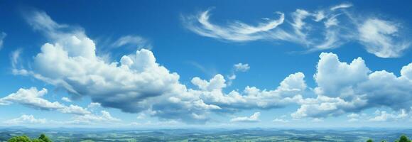 idílico fondo panorámico ver de un azul cielo con ondulante blanco nubes ai generado foto