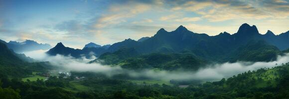 A misty mountain panorama lush green slopes, peaks shrouded in ethereal fog AI Generated photo