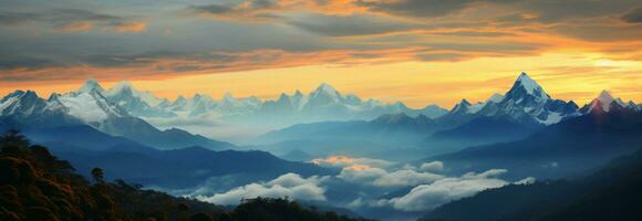 Sunset casts a stunning glow on the majestic high mountain peaks AI Generated photo