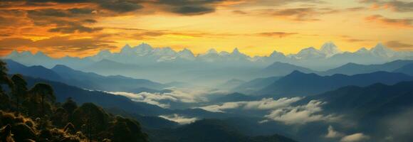 Sunset over the rugged beauty of a high mountain range, a mesmerizing view AI Generated photo