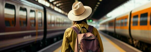 Train bound traveler in a white hat and backpack at the station AI Generated photo