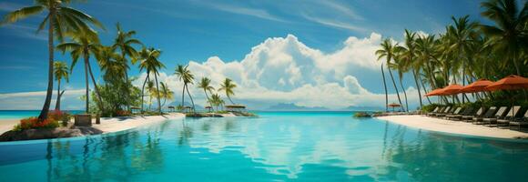 tropical paraíso frente a la playa complejo, piscina, palma árboles, azul cielo Perfecto verano ai generado foto