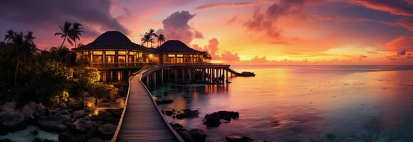 Tropical sunset paints luxury resort villas in a dreamy seascape paradise AI Generated photo