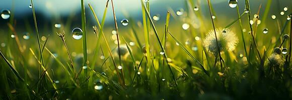 Vibrant green meadow beneath a serene spring sky, natures bokeh background AI Generated photo