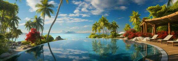 un tropical oasis panorámico paisaje de un playa complejo, piscina, y soleado cielo ai generado foto
