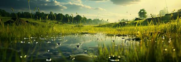 un verde prado debajo un azul, nube esparcido cielo, naturalezas bokeh lona ai generado foto