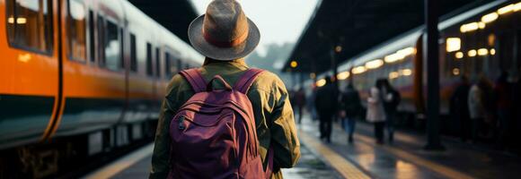 solo a el estación, un mochilero viajero embarca en un fin de semana carril aventuras ai generado foto