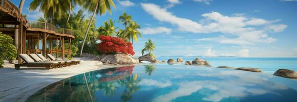 Beachfront luxury panoramic view of a holiday resort, pool, and sunny island AI Generated photo