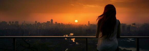 contemplando soledad mujer disfruta un atardecer, silueta por el ciudades caos ai generado foto