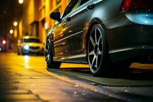 coche estacionado cercanamente a lo largo un noche calle, capturado en un cerca ver ai generado foto