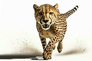 leopardo corriendo, capturado en cámara, aislado en contra un blanco antecedentes ai generado foto