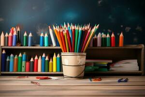 Childrens workspace, back to school theme, featuring art supplies and notebooks AI Generated photo