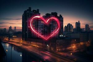 Cityscape with a glowing red heart neon sign, symbolizing love and togetherness AI Generated photo