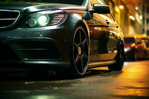 Close up shot of a parked car on a dimly lit nighttime street AI Generated photo