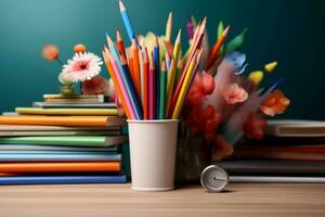 un vistoso escritorio, simbolizando espalda a escuela, lleno con Arte clase esenciales ai generado foto