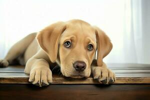 Cute Labrador retriever pup wearing a pensive look, set against white background AI Generated photo