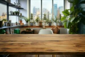 Contemporary kitchen interior with a wooden tabletop, set against a blurred backdrop AI Generated photo