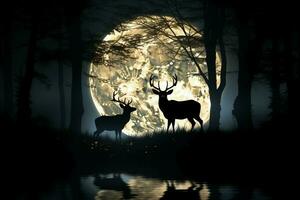 ciervo silueta en el luz de la luna, un sereno y encantador nocturno escena ai generado foto