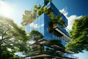 eco consciente oficina edificio en el ciudad incorpora sostenible diseño y carbón reduciendo arboles ai generado foto