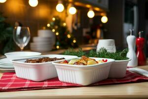 Effortless holiday dining Hot orders in disposable plastic boxes, amid Christmas decor AI Generated photo