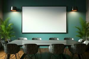 Empty TV screen in a well equipped conference room, ready for dynamic meetings AI Generated photo