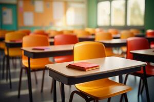 Empty elementary classroom in a blur, devoid of kids, teachers, with chairs AI Generated photo