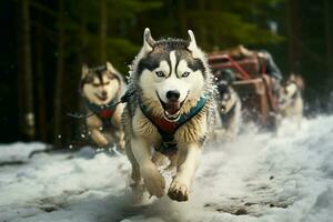 energético fornido perro carreras fervorosamente en un trineo en emocionante competencia ai generado foto