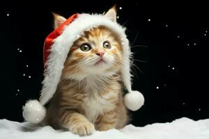 festivo jengibre gatito usa Papa Noel sombrero, un Nevado fondo acentuando sus monería ai generado foto