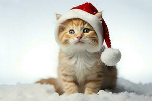 Festive ginger kitten wears Santa hat, a snowy backdrop accentuating its cuteness AI Generated photo