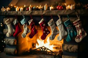 Festive stockings gracefully hang by the fireplace, ready for Christmas surprises AI Generated photo