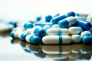 Global healthcare symbolized by a stack of blue and white pills AI Generated photo