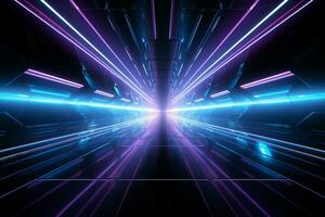 Glowing lines light up a mysterious spaceship tunnel shrouded in darkness AI Generated photo