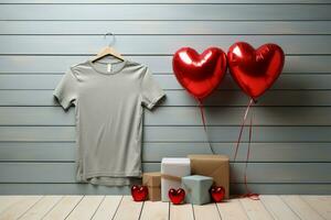 Gray tee mockup with heart balloons on wooden backdrop for Valentines concept AI Generated photo