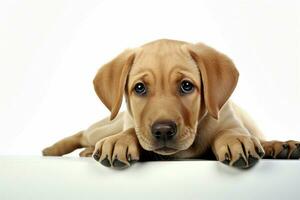 Heart melting Labrador puppy with a forlorn expression, resting on a white backdrop AI Generated photo