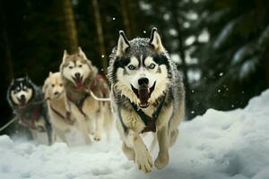 Husky in full sprint during an exhilarating sled dog racing event AI Generated photo