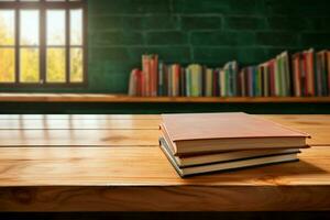 en el aula, un de madera mostrador Hospedadores un formación de perspectiva enriquecedor libros ai generado foto