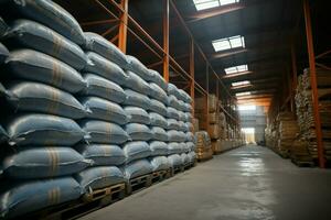 In the warehouse, sacks of chemical fertilizer are stacked, prepared for delivery AI Generated photo