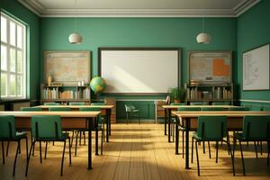 Interior shot of a school classroom featuring desks, chairs, and a blank chalkboard AI Generated photo