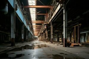 dentro un abandonado industrial estructura, un surrealista y imaginativo interior paisaje emerge ai generado foto