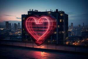 amor simbolizado por un rojo corazón neón firmar en contra el paisaje urbano fondo ai generado foto